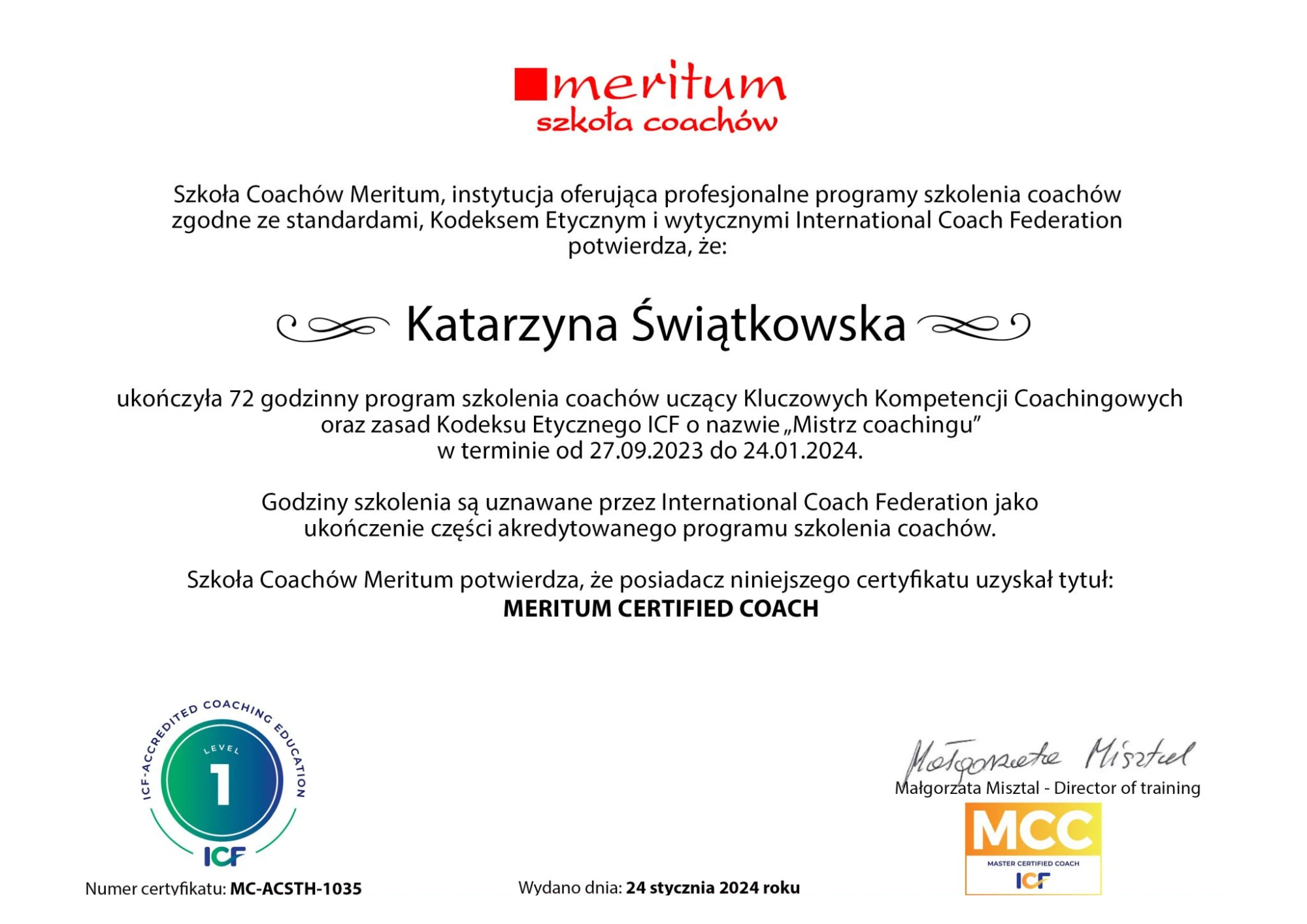 Certyfikat Meritum katarzyna świątkowska kluczowe kompetencje coachingowe mistrz coachingu
