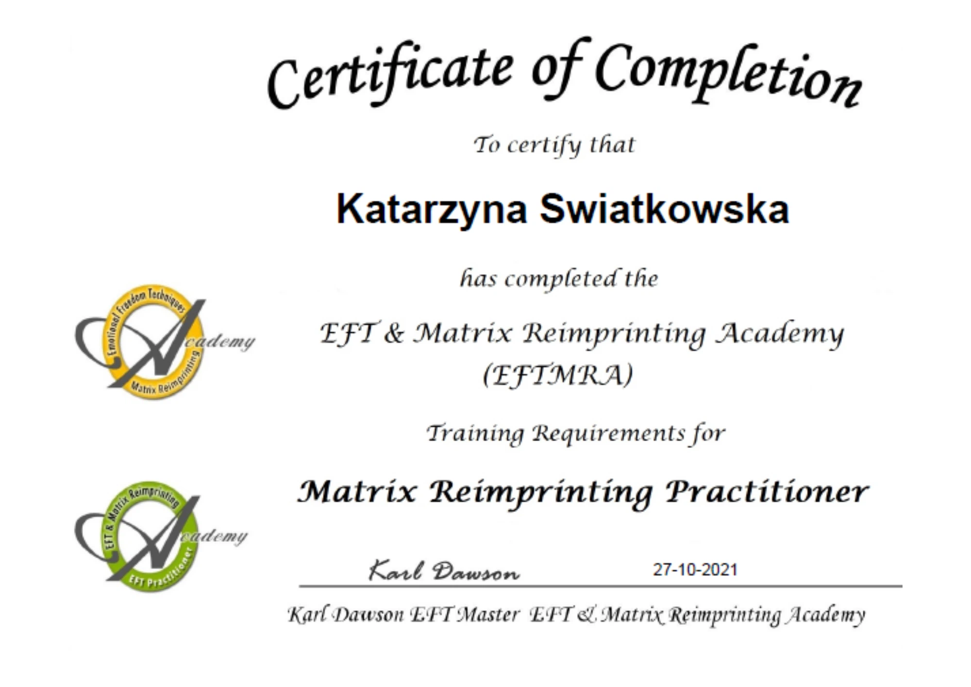 eft matrix reimprinting academy katarzyna świątkowska certyfikat