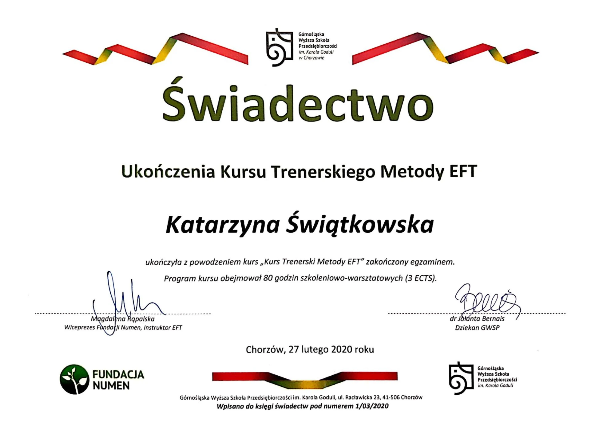 kurs trenerski eft katarzyna świątkowska certyfikat technika eft